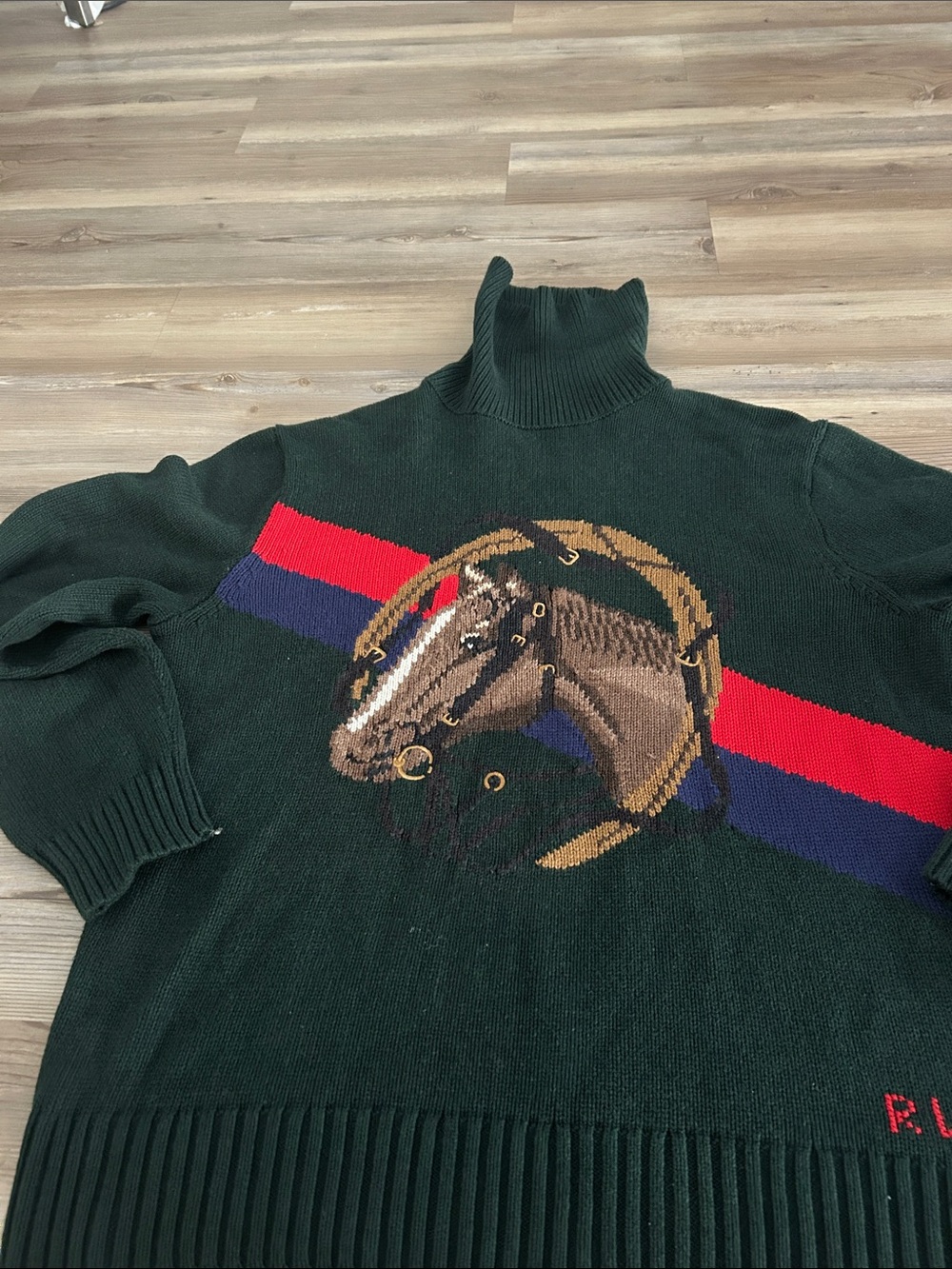 Polo by Ralph Lauren Dark Green Turtleneck with Horse Motif and Red/Navy Stripes